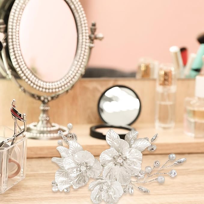 Bride Flower Silver Piece Pearl Hair Clip,Wedding Hair Accessories for Women and Bridesmaids,Silver Pearl Crystal Fancy Clip