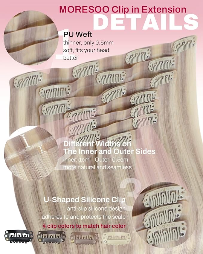 Moresoo Seamless Hair Extensions Clip ins Human Hair Blonde Highlight Remy Seamless Clip in Hair Extensions Real Human Hair Cool Ash Blonde with Bleach Blonde with A Hint of Pink 7pcs 120g 14inch