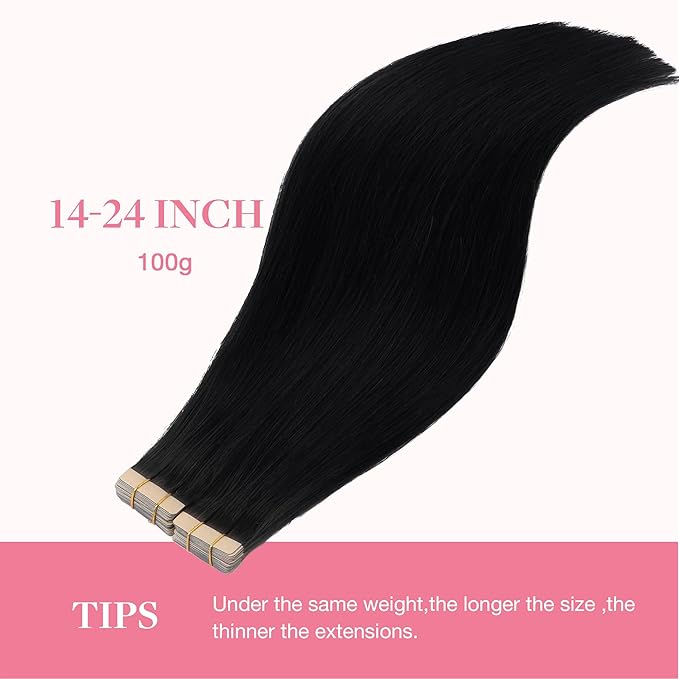 GOO GOO Tape in Hair Extensions Human Hair, 1 Jet black, 20inch 100g 40pcs, Skin Weft Seamless Invisible, Silky Straight with Thick Ends, Remy Human Hair