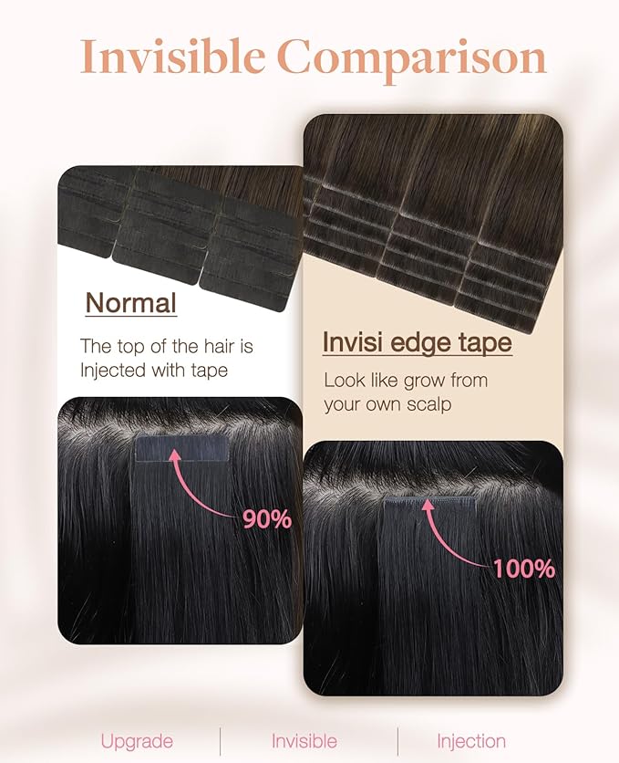 GOO GOO Invisi Edge Tape in Hair Extensions Human Hair, 2/6/18 Balayage Brown to Dirty Blonde 10pcs injected with 10pcs classical tape ins, 20inch 50g, Virgin Remy Hair, Natural Look