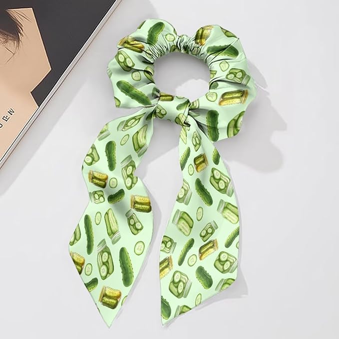 2 Pcs Light Green Yoga Hair Scrunchies with Ribbon Pickle Ribbon Scrunchies for Ponytail Womens Elastic Satin Hair Ties Knotte Bow