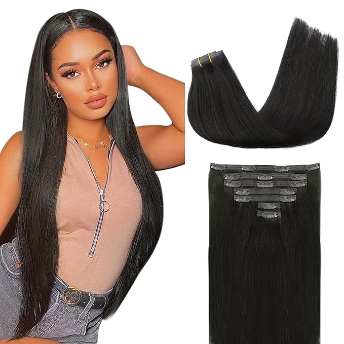 Lashey Seamless Clip in Hair Extensions Real Human Hair 110g Straight 16 Inch 7pcs Natural Black Remy Clip in Extensions with PU Weft for Women