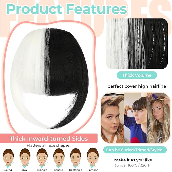Clip in Bangs, Synthetic French Bangs Hair Clip, Fake Bangs Fringe with Temples Hairpieces for Women Natural Curved Hair Extensions for Daily Wear Black mix White