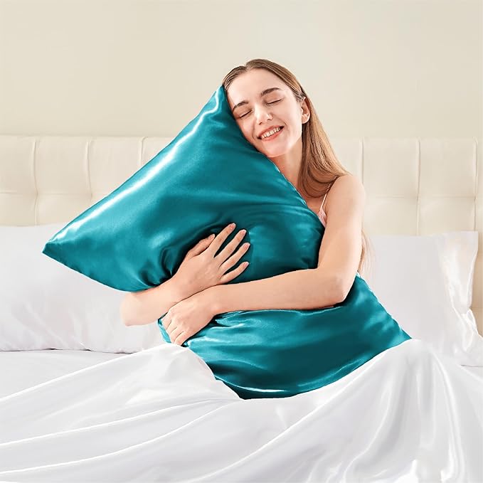 BEDELITE Satin Pillowcase with Zipper, Teal Pillow Cases Queen Size Set of 2, Super Soft and Cooling Similar to Silk Pillow Cases, Gift for Women Men(20x30 Inches)