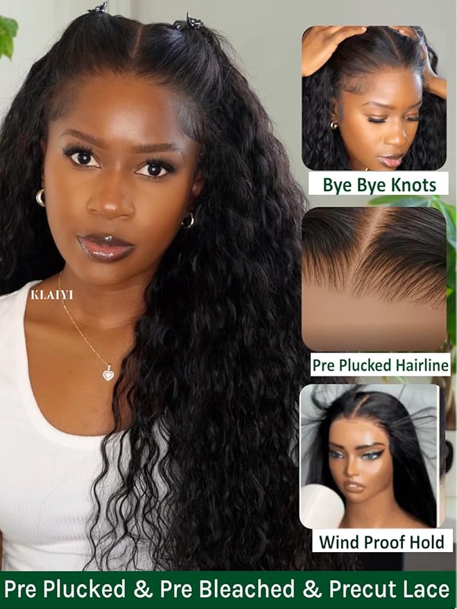 KLAIYI Bye Bye Slip™ Water Wave 7X5 Precut Lace Front Human Hair Wig Drawstring Glueless 3S Ready to Wear and Go Wig with Baby Hair Pre Plucked Bleached Bye Bye Knots Curly Wig 180%Density Full 24Inch