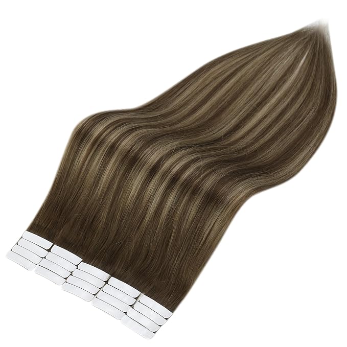 Full Shine Tape in Hair Extensions Human Hair 22 INCH 40PCS 100G Color Medium Brown to Blonde and Medium Brown Tape in Extension Adhesive Skin Weft Invisible Seamless for Wedding