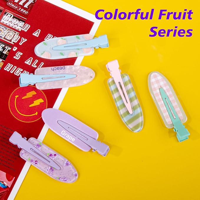 Magicsky 12PCS No Bend Hair Clips, Hawaiian Acrylic Flat Styling No Crease Pins, Bang Seamless Duckbill, Barrettes for Makeup, Cute Beach Hairstyle Tool for Women Girls, Colorful Fruit