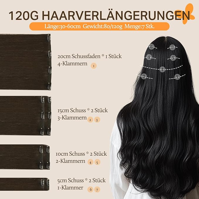 DOORES Clip in Hair Extensions Dark Brown 120g 7pcs 20 Inch Remy Human Hair Extensions Clip in Real Hair Extensions Natural Hair Straight Thick