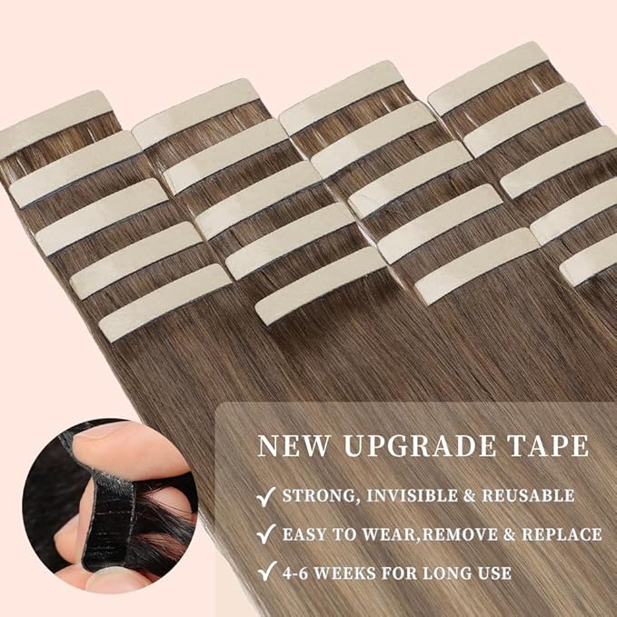 Tape in Hair Extensions Human Hair Chocolate Brown Mixed Honey Blonde Hair Extensions Real Human Hair 20pcs 14 Inch Straight Invisible Human Hair Tape in Extensions for Women (4/4/27#,14 Inch)