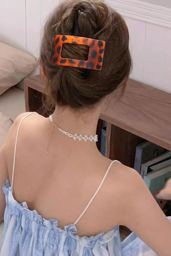 4 PCS Medium Flat Hair Clips Claw for Women, Non-slip Rectangular Lay Down Hair Clip for Thick Thin Hair Comfortable Hair Accessories for Driving, Lying, Exercising, Leopard Tortoise Shell Pattern