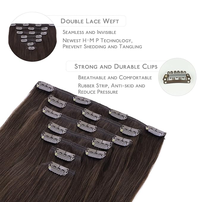 WENNALIFE Clip in Hair Extensions Real Human Hair, 14 Inch 110g 7pcs Remy Hair, Light Dark Brown Straight Natural Extensiones De Cabello Humano Con Clip Ins