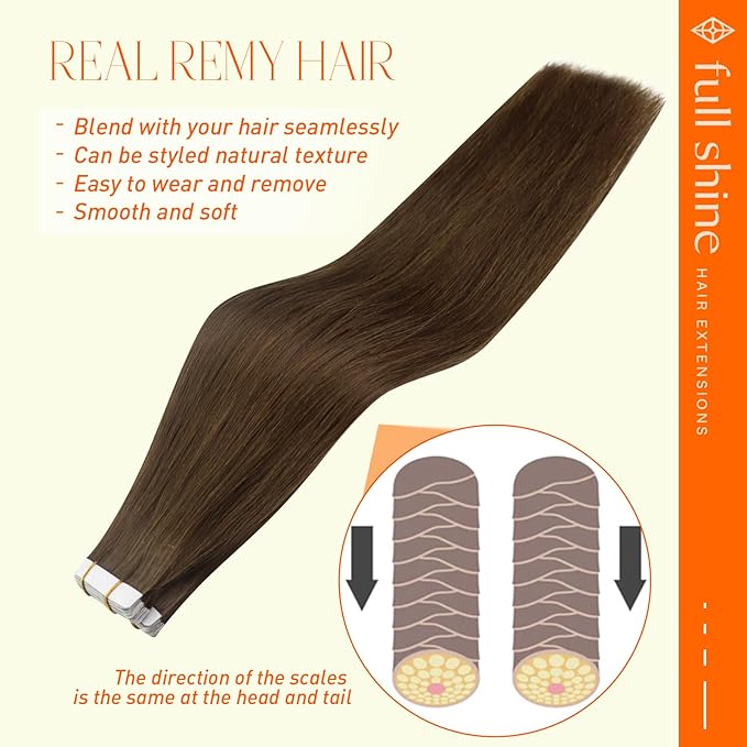 Full Shine Tape in Hair Extensions 18 Inch Seamless Tape in Real Human Hair Extensions Color 4 Medium Brown Skin Weft Hair 40Pcs Double Sided Tapes in Extensions 100Gram Straight Hair Add length