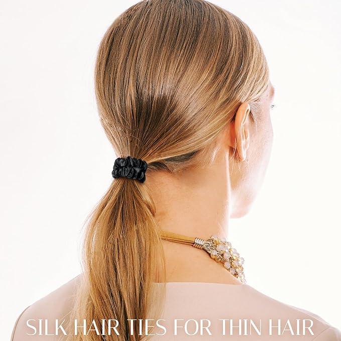 OLESILK Silk Hair Ties for Women: 100% Mulberry Skinny Silk Scrunchies, Soft Smooth No Damage No Crease for Thin Fine Curly Hair 5 Pack, Dark