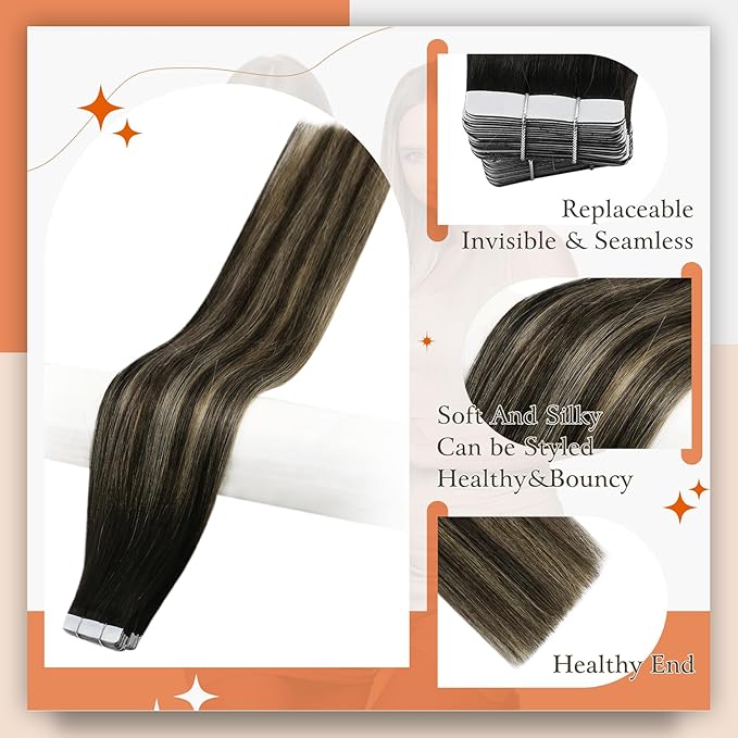 Full Shine Hair Extensions Tape in Color 1B Off Black Ombre 27 Blonde And 1B Tape in Hair Extensions Human Hair 18Inch Straight Remy Extension Seamless Skin Weft 100G 40Pcs