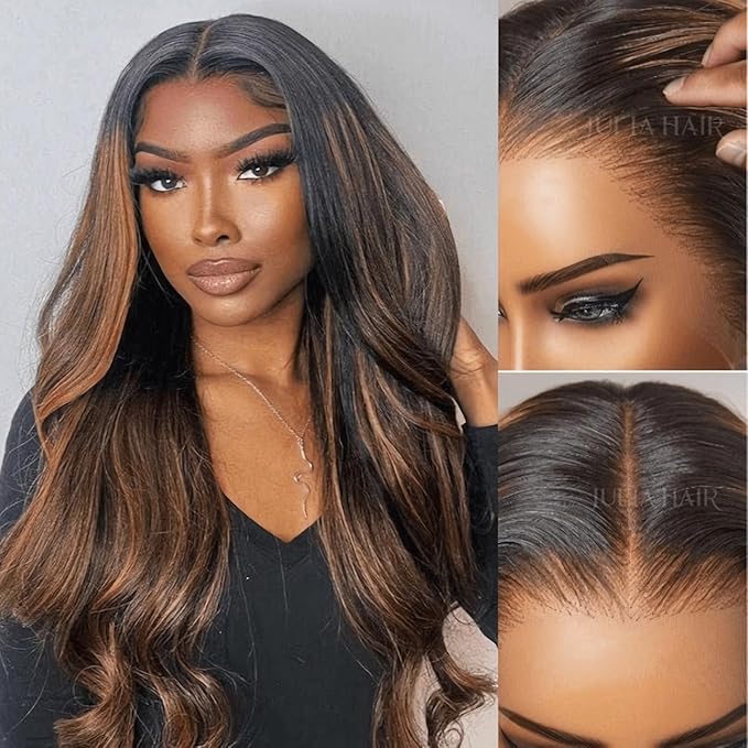 Julia Hair Bye Bye Knots Glueless Wig Highlight Balayage Brown Body Wave 7x5 Pre Cut HD Lace Front Wigs Human Hair Pre Plucked Bleached Knots Pre Everything Ready To Go Ombre Wig 26 Inch