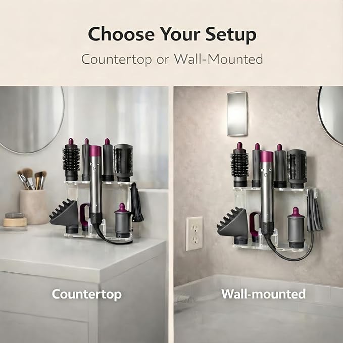 Dyson Airwrap Holder by Chorten Nyima, Dyson Airwrap Organizer with 8 Slots, Clear Acrylic Stand for Shark Hair Dryer Holder, Wall-Mounted or Freestanding with Silicone Pads Bathroom Vanity Table