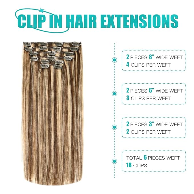 SURNEL Real Hair Extensions Clip in Human Hair 14 Inch Chocolate Brown and Caramel Blonde Clip in Hair Extensions 6pcs 100g(#4P27,14'')