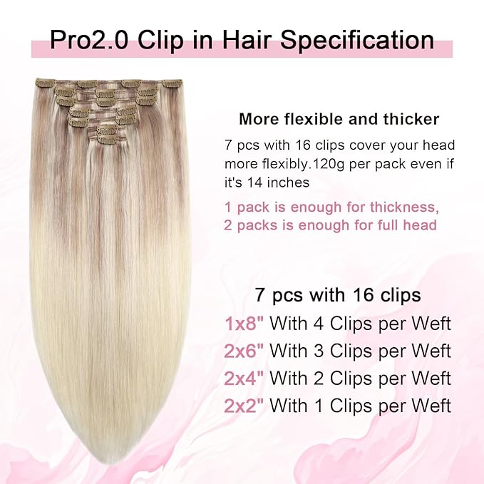 Pro2.0 Clip in Hair Extensions Real Human Hair 20inch 7pcs #18/22/60 Balayage Ash Blonde to Golden Blonde and Platinum Blonde Real Human Hair Extensions Clip ins 120g Thick（#18/22/60-20inch）