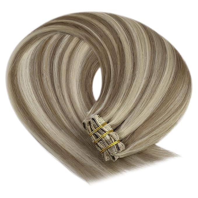 YoungSee Highlight Clip in Human Hair Extensions 22 inch Real Human Hair Extensions Clip ins Blonde Highlights with Light Brown Clip in Extensions Long Straight Hair 7Pcs 120G