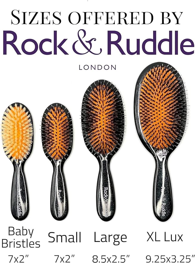 Rock & Ruddle Natural Mixed Boar Bristle Hair Brush for Women and Kids (Small/Travel Size, 17.5cm - Perfect for Wet or Dry Hair, Detangling Smoothing Blowdrying - Made in UK - Blue Ribbon