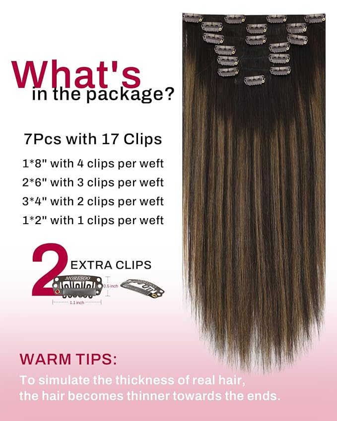 Moresoo Clip in Hair Extensions Balayage Brown Real Hair Extensions Clip in Human Hair Dark Brown Mixed with Chestnut Brown Ombre 7pcs/120g 22 Inch