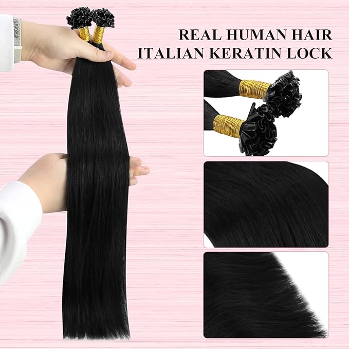 YoungSee U Tip Hair Extensions Black 24 Inch Utip Hair Extensions Human Hair Jet Black U Tips Hair Extension Real Human Hair Keratin Fusion Hair Extension for Long Hair 1g/s 50 Strands