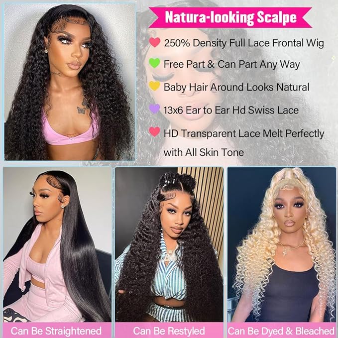 24 Inch Deep Wave Lace Front Wigs Human Hair 13x6 HD Transparent Deep Wave Lace Front Wigs for Women 250% Density Curly Human Hair Wigs Pre Plucked Natural Color