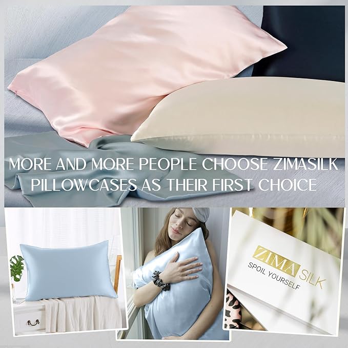 ZIMASILK 100% Pure Mulberry Silk Pillowcase for Hair and Skin Health,Soft and Smooth,Both Sides Premium Grade 6A Silk,600 Thread Count,with Hidden Zipper,1pc (King 20''x36'',Light Blue)