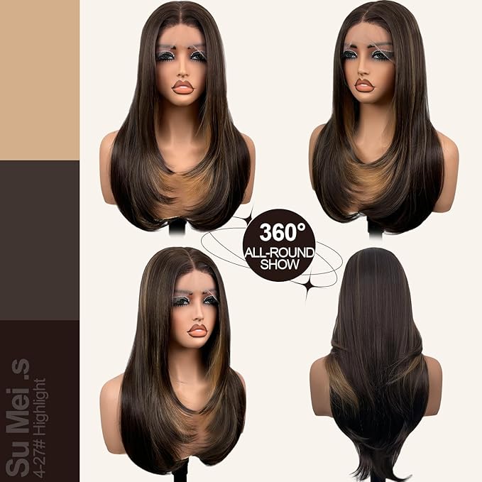 Glueless Synthetic Lace Front Wig 26 Inches Long Straight 13x5x1 HD Lace Wigs for Black Women (4/27 Highlight, 26 Inch)