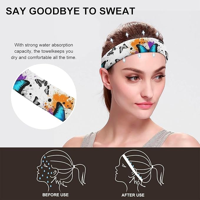 Headbands for Men Women Non Silp Sweatband or Running, Cycling, Basketball, Tennis, Yoga Fitness Hairband for Unisex (Butterfies Watercolor Splashes Butterfly)