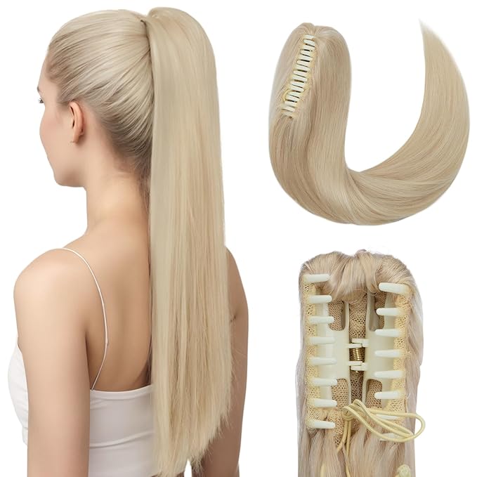 Hairro Claw Ponytail Human Hair Extensions Clip Ponytails Jaw/Claw Long Straight Pony Tail For Women 22 Inch 120g #60 Platinum Blonde