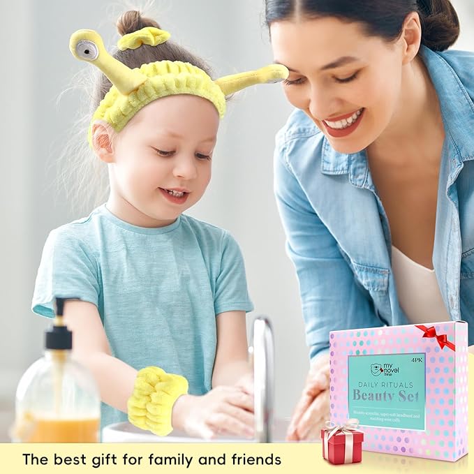 Face Wash Headband, Skincare Wrist Bands For Washing Face Set Spa Hair Bands come with a Hair Scrunchie, Cute Yellow snail tentacle Elastic Headband, For Face Washing Makeup Skincare (Yellow)