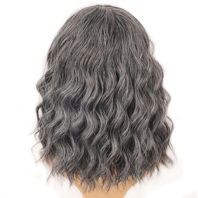 AISI HAIR Grey Salt & Pepper Synthetic Wavy Curly Bob Wig with Bangs Short Wavy Hair for Women Synthetic Heat Resistant Bob Wigs