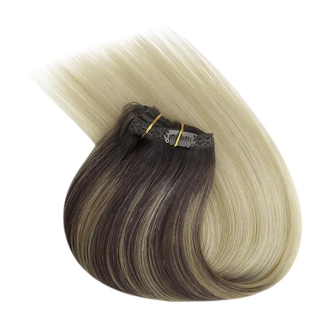 Ve Sunny Human Hair Clip in Extensions Invisible Clip in Hair Extensions Balayage Clip in Human Hair Extensions Dark Brown Ombre Golden Blonde Mix Light Blonde Daily Use Charming 7pcs 120g 20inch