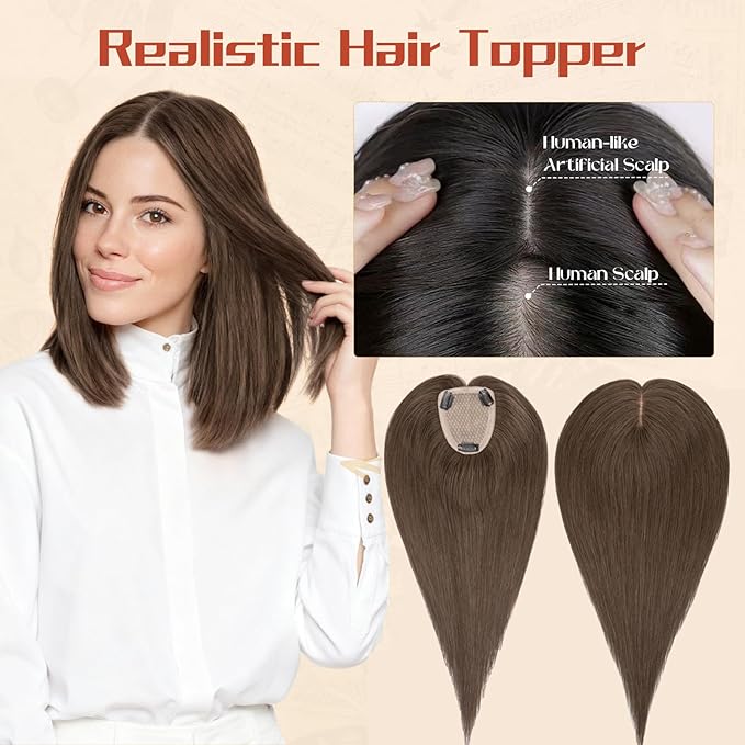 Rich Choices Human Hair Toppers for Women-100% Real Remy Hair Topper No Bang-Upgraded 150% Density 9 * 12CM Lace Base-Clip in Hairs Topper for Thinning Hairs-14Inch #2 Dark Brown