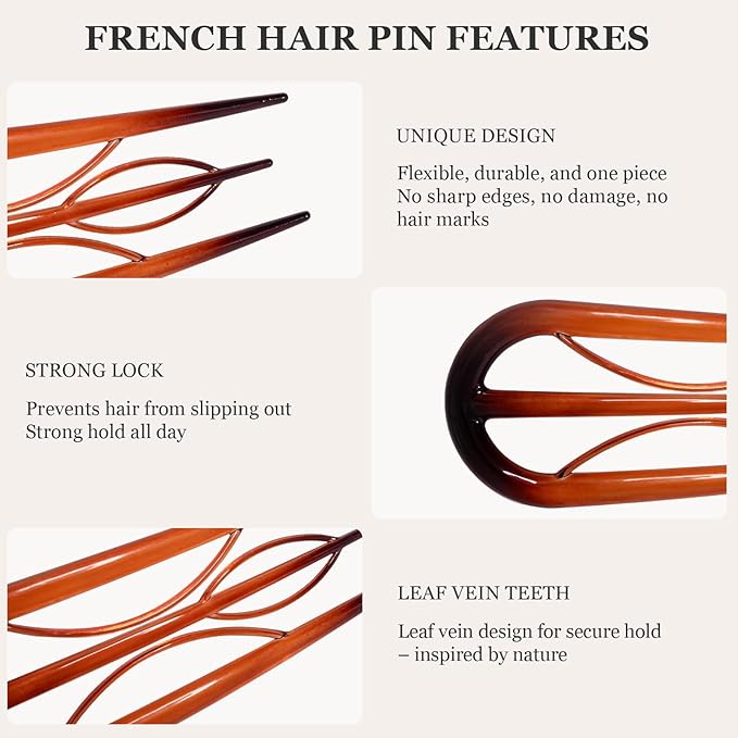 Sunolga 6PCS French Hair Pins for Women, French Pins Hair, 3.94" Large Hair Styling Pins for Thin Thick Hair, Unique 3 Internal Teeth Hair Sticks Hairpin（Amber）