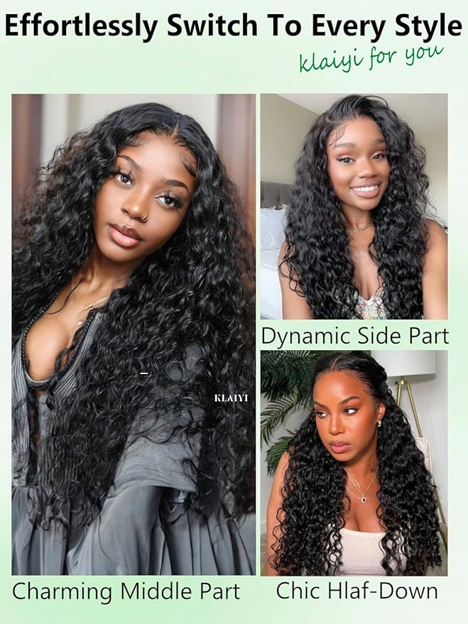KLAIYI Water Wave Bye Bye Knots Glueless Wig Human Hair 7x5Precut Lace Front Pre Plucked Bleached Wear and Go Wig with Curly Baby Hair Drawstring 3S Ready to Go Pre Everything Beginner Friendly 20Inch