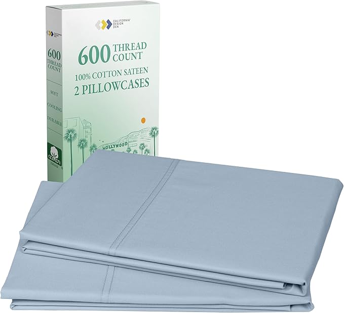 CALIFORNIA DESIGN DEN Luxuriously Soft Hotel Quality 600 Thread Count, 100% Cotton Set of 2 Cases, Crisp & Cool King Size Pillowcases Set of 2, Fits King Pillows (Blue)