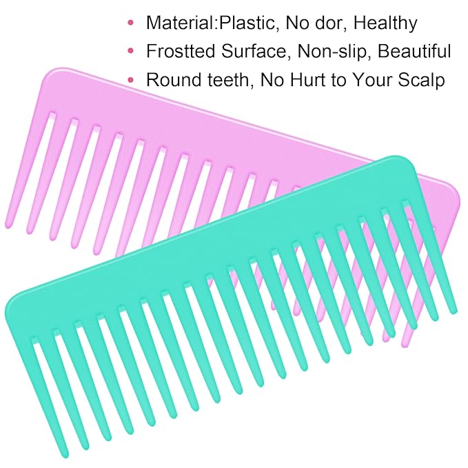 Wide Tooth Detangling Comb for Long, Curly, and Wet Hair - No Handle Styling and Shampoo Comb (2 Pieces - Rose Red, Cyan)