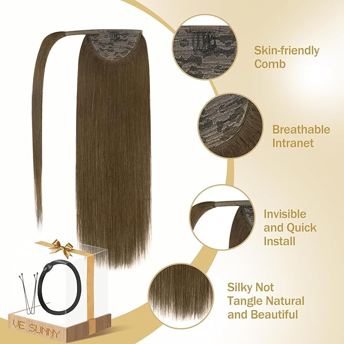 Ve Sunny Hair Extensions Ponytail Real Human Hair Wrap Around Clip in Ponytail Hair Extensions Straight Extensions Human Hair for Women Light Ash Brown 22inch 80G