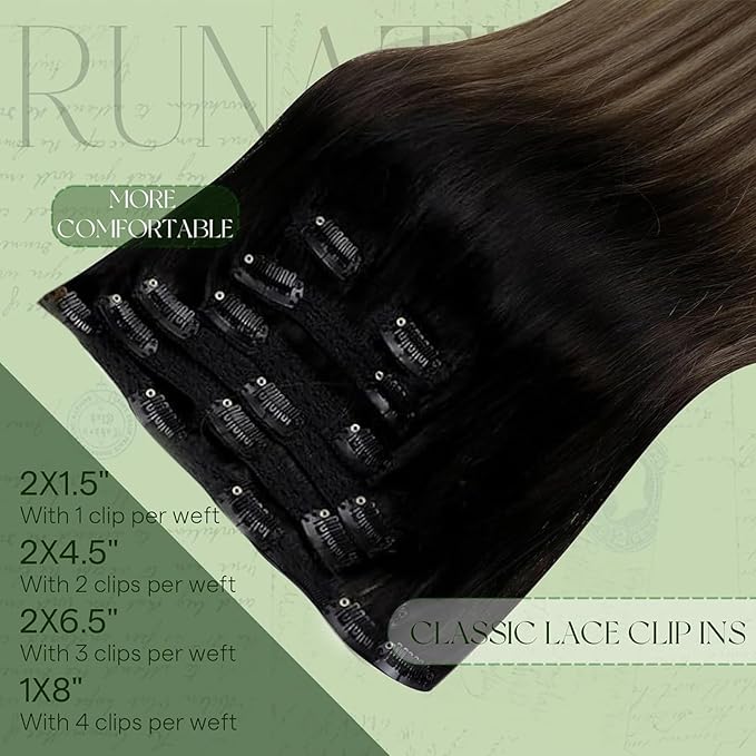 RUNATURE Balayage Clip in Hair Extensions Real Human Hair, Remy Hair Extensions Clip Ins, Short Human Hair Clip in Extensions, 12 Inch 70g 7pcs #1B/6/27 Black Rooted to Brown Highlight Honey Blonde