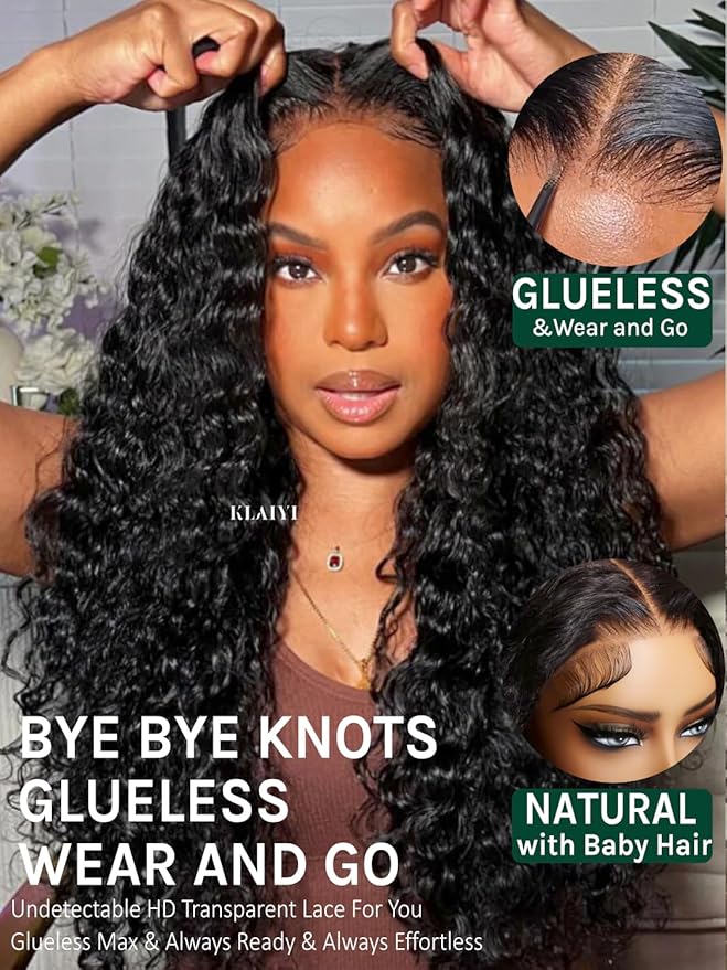 KLAIYI Bye Bye Slip™ Water Wave 7X5 Precut Lace Front Human Hair Wig Drawstring Glueless 3S Ready to Wear and Go Wig with Baby Hair Pre Plucked Bleached Bye Bye Knots Curly Wig 180%Density Full 14Inch