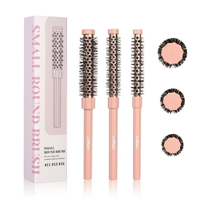 Small Round Hair Brush Pink - Boar Bristle&Nylon Mixed Bristles for Smoothing, Volumizing & Frizz Control - Mini Blow Dry Styling Brush for Fine Hair, Smooth Curls and Salon Blowout at Home