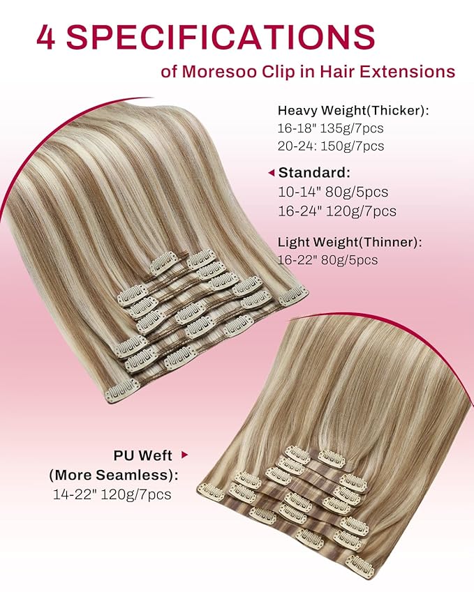 Moresoo Real Hair Extensions Clip in Human Hair Thick Brown with Blonde Highlights Seamless Clip in Hair Extensions Light Brown with Platinum Blonde for Women Long And Invisible 120g/7pcs 20 inch