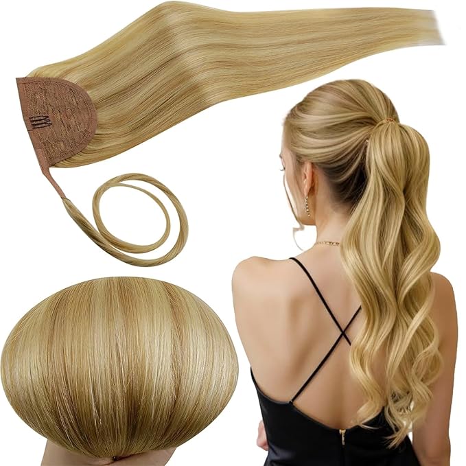 RUNATURE Real Human Hair Ponytail Blonde, 20 Inch Ponytail Extension Human Hair, Long Hair Ponytail Extension, Pony Tail Wrap Around, Remy Natural Hair Add Length, 80g #16P24 Golden Blonde Highlight