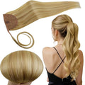 RUNATURE Real Human Hair Ponytail Blonde, 20 Inch Ponytail Extension Human Hair, Long Hair Ponytail Extension, Pony Tail Wrap Around, Remy Natural Hair Add Length, 80g #16P24 Golden Blonde Highlight