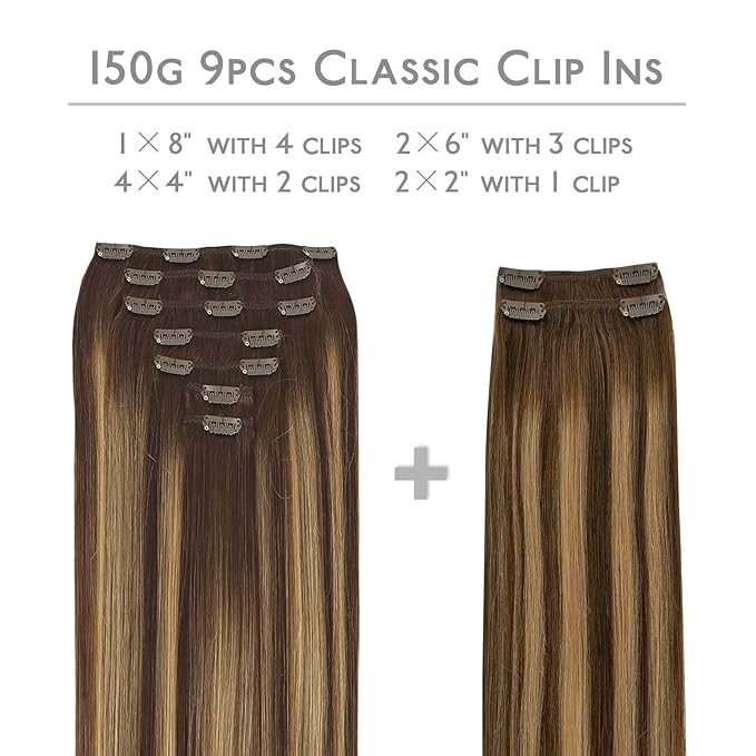WENNALIFE Clip in Hair Extensions, 150g 18 Inch 9pcs Balayage Chocolate Brown to Honey Blonde Remy Hair Thicker Double Weft Extensiones De Cabello Humano Con Clip Ins Straight Full Volume