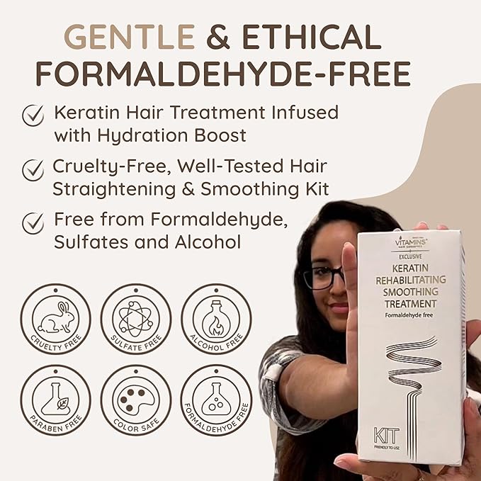 VITAMINS hair cosmetics Keratin Hair Treatment Straightening Kit - Salon Like at Home Keratin Treatment Formaldehyde Free - Hair Smoothing, Nourishing & Revitalizing 3-Step System