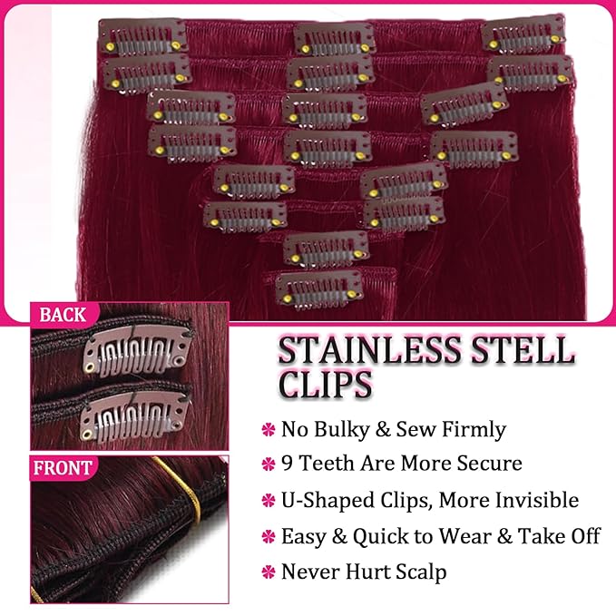 Clip in Hair Extensions Real Human Hair 125g 8pcs 18clips Burgundy Kinky Straight Hair Extensions Clip in Human Hair Clip ins Double Weft Human Extensions for Women Hair Loss and Thinning Hair