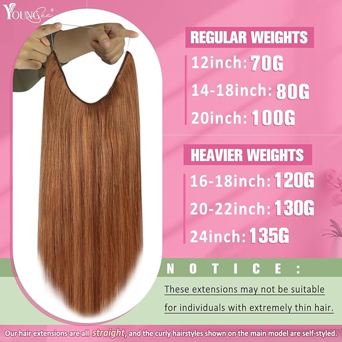 YoungSee Wire Hair Extensions Human Hair Copper Hair Extensions Invisible Wire for Women Short Straight Headband Hair Extension 70g 12inch